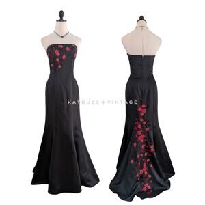 Vintage Betsy & Adam Prom Dress Maxi Gown 4 Black Red Goth 90s Strapless Bead